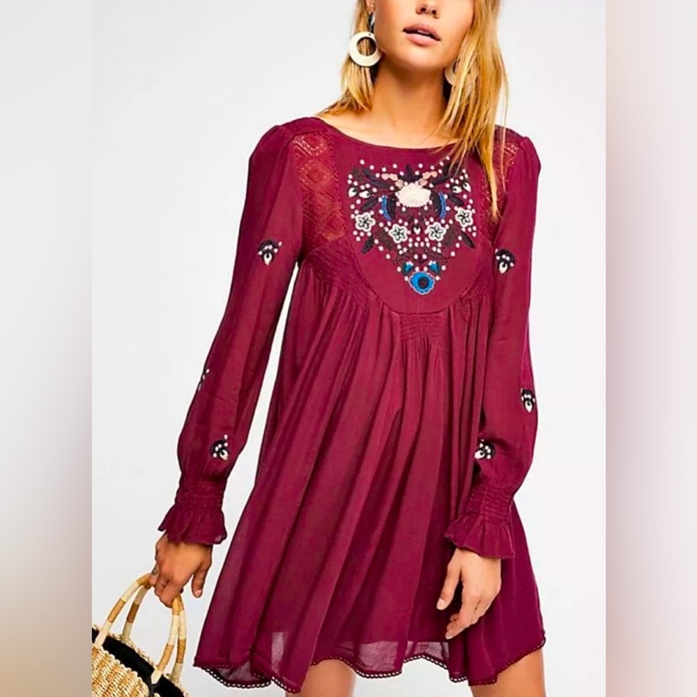 Free People Burgundy Embroidered Mini Dress